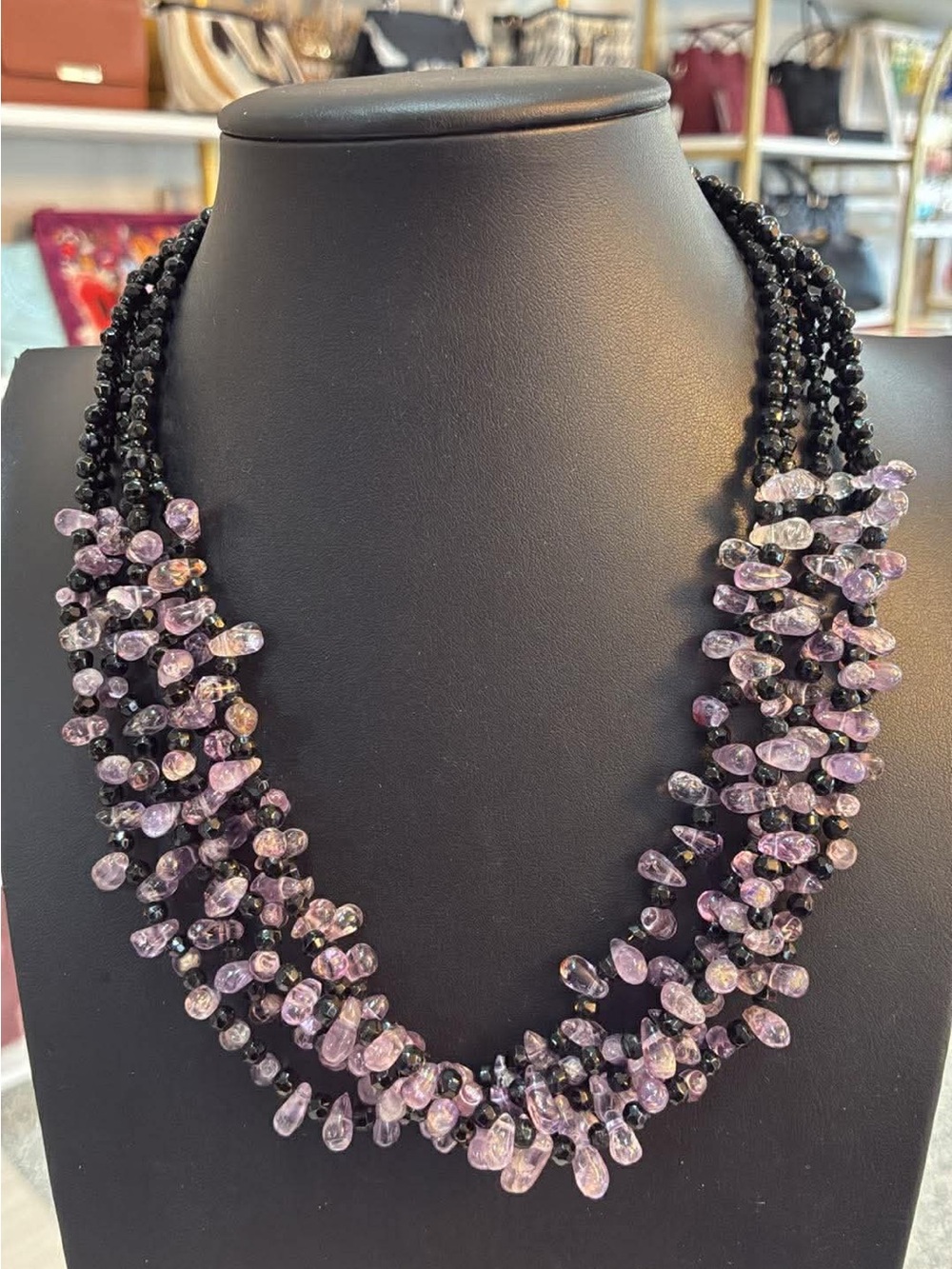 waterfall multi-strand necklace made of purple amethyst chip beads